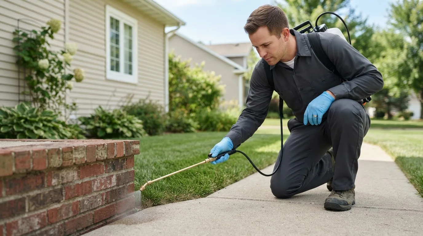 Pest control technician treating a home near Meredith, NH