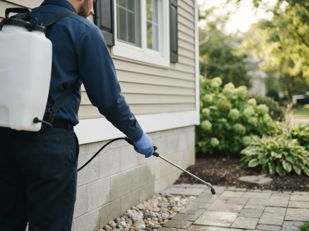 Pest control technician inspecting a home in Meredith, NH
